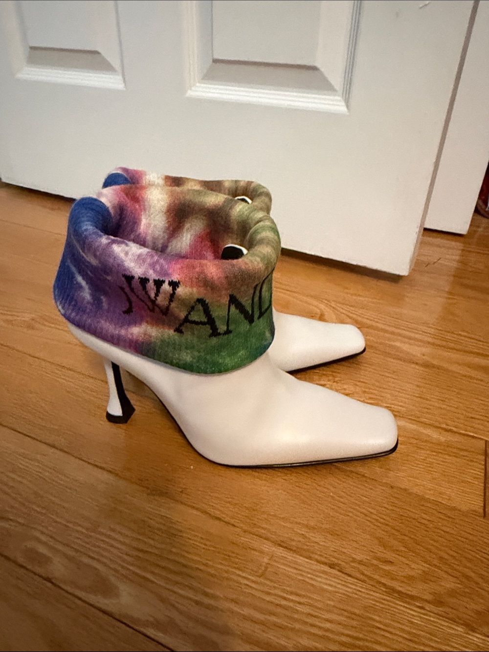 White JW Anderson Pointed Toe Heeled Ankle Boots with Multicolor Cuff